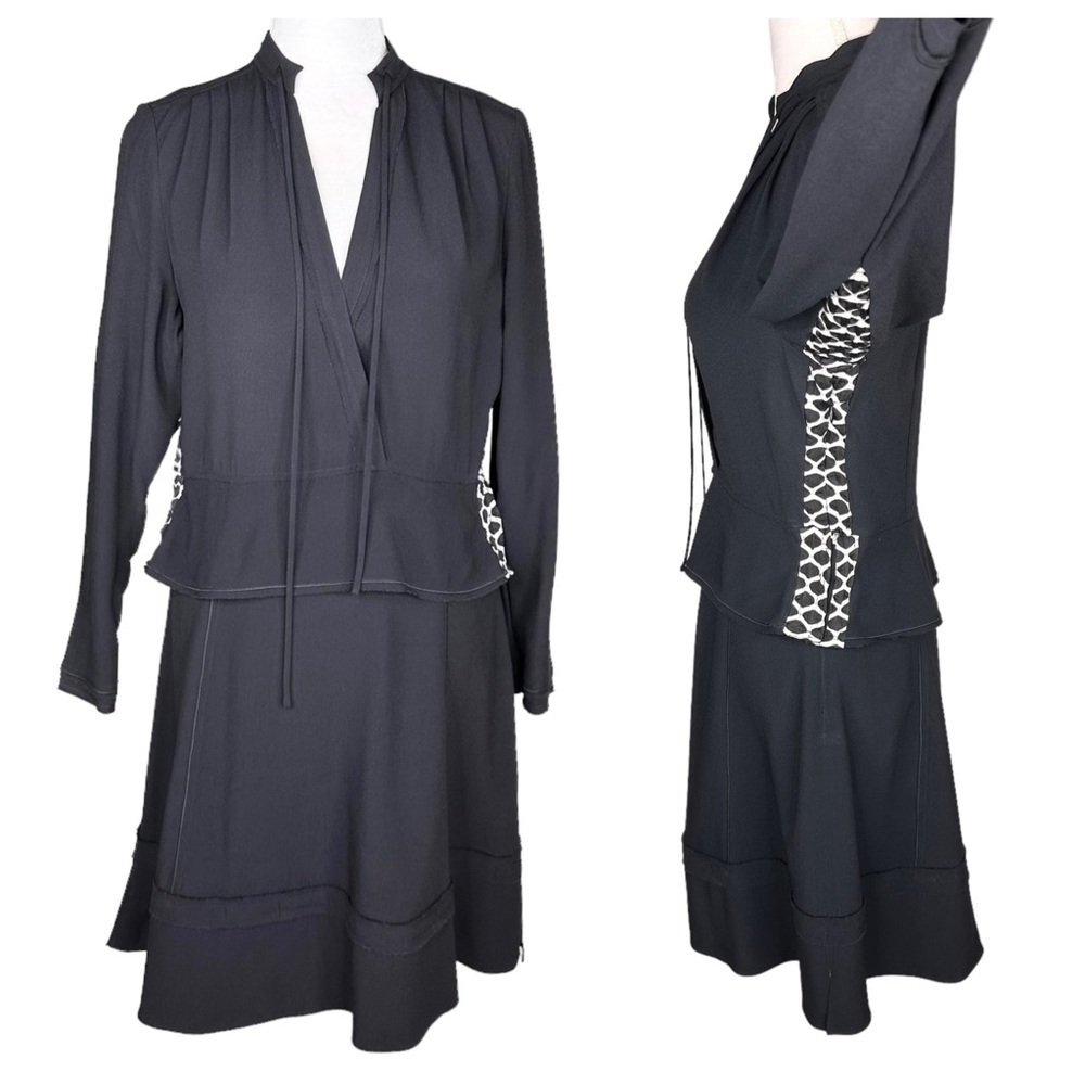 Proenza Schouler black peplum fit flare dress v-neck surplice long sleeve LBD 6